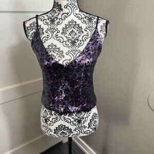 Le Superbe sequin purple cheetah print cropped adjustable spaghetti strap top